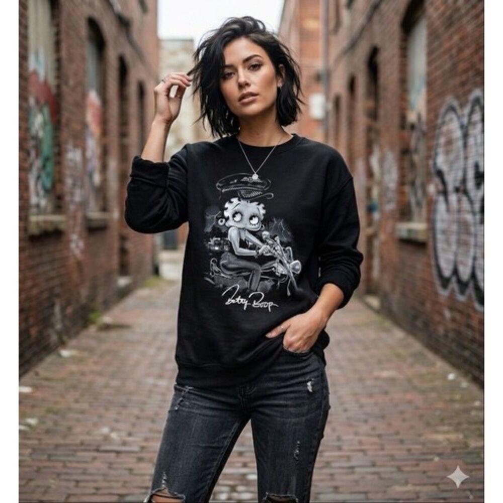 BETTY BOOP STORM RIDER Sweatshirt Adult XL Black Crewneck Pullover Biker New